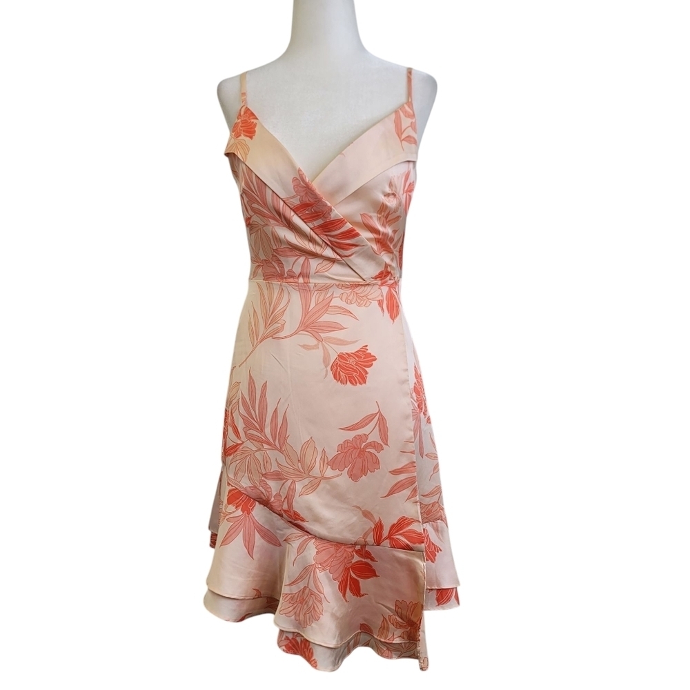Guess Satin wrap ruffly Floral Peach and Orange mini Dress